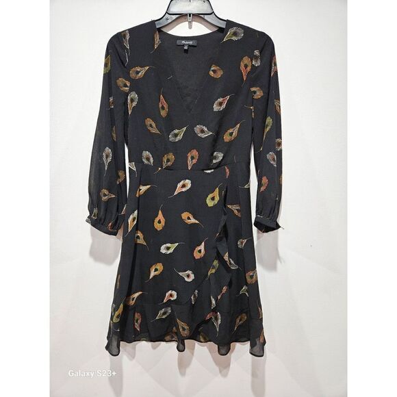MADEWELL  Dress Black Peacock Feathers Wrap Poppy A Line V Neck Long Sleeve - Picture 1 of 4
